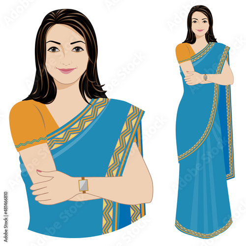 Vector illustration of a cheerful woman dressed up in a sari isolated on a white background.  Close up and standing pose are on different layers. 