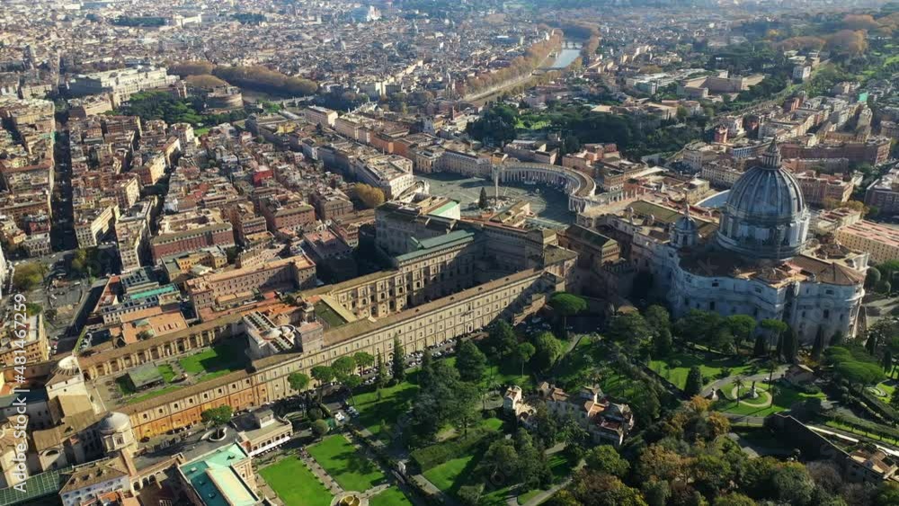 Aerial drone video of Saint Peter's gardens of world's largest church -Basilica of St. Peter's, Vatican and iconic Capella Sistine, Rome, Italy Aerial drone video of Saint Peter's gardens of world's largest church -Basilica of St. Peter's, Vatican and iconic Capella Sistine, Rome, Italy
