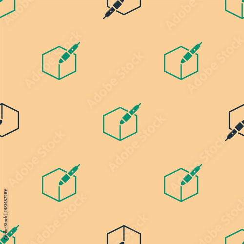Green and black 3d pen tool icon isolated seamless pattern on beige background. Vector