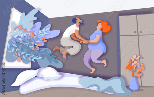 Happy Valentine Day greeting card with elder, senior, middle-aged couple jumping