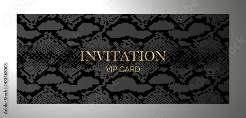 Luxury VIP Invitation template with animal print python snake skin on black background. Premium vector design for Gift certificate, Voucher, Gift card