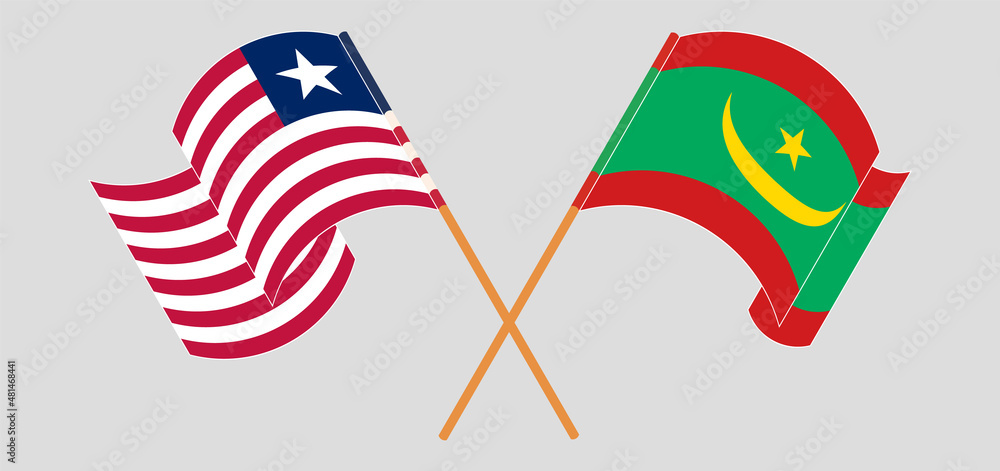 Crossed and waving flags of Liberia and Mauritania Crossed and waving flags of Liberia and Mauritania
