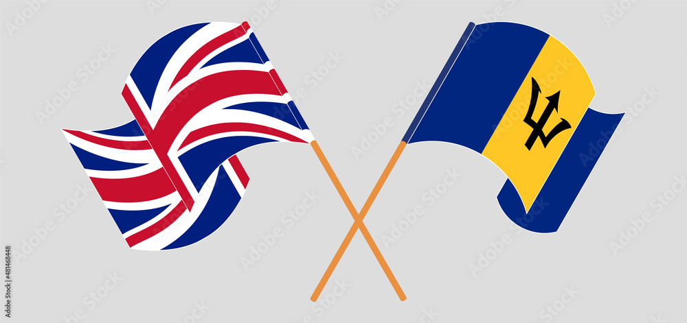 Crossed and waving flags of United Kingdom and Barbados Crossed and waving flags of United Kingdom and Barbados