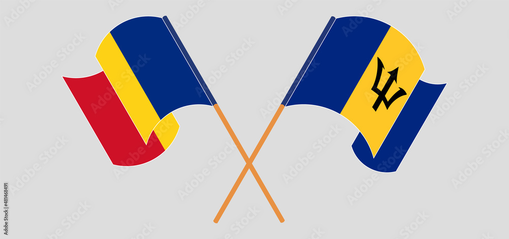 Crossed and waving flags of Romania and Barbados Crossed and waving flags of Romania and Barbados