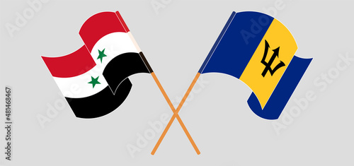 Crossed and waving flags of Syria and Barbados