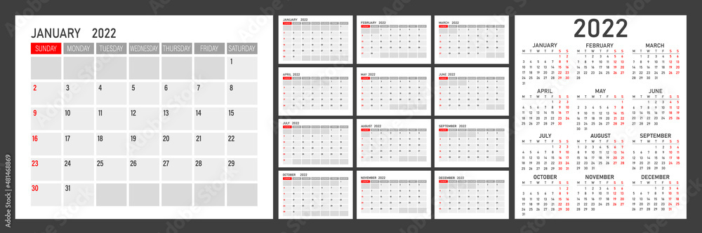 Calendar for 2022 on a white background. Monthly calendar for 2022. The week starts on Sunday. Calendar for 2022 on a white background. Monthly calendar for 2022. The week starts on Sunday.