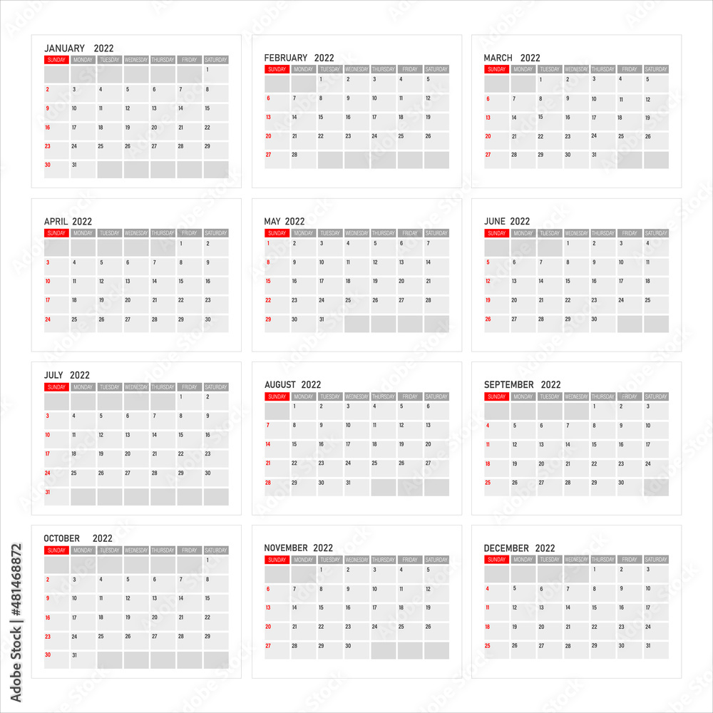 Monthly calendar for 2022. The week starts on Sunday.