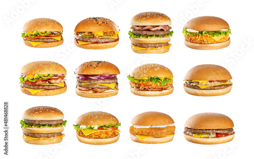 Collage of 12 delicious burgers. Classic burger, cheeseburger, fish burger, bacon burger, chicken burger, double bacon burger. Isolated on a white background.