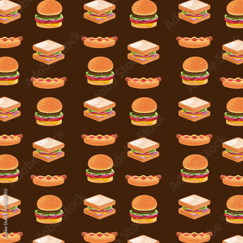 Fast food snack lunch burger sandwich and hot dog concept vector seamless