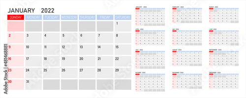 Calendar for 2022 on a white background. Monthly calendar for 2022. The week starts on Sunday.