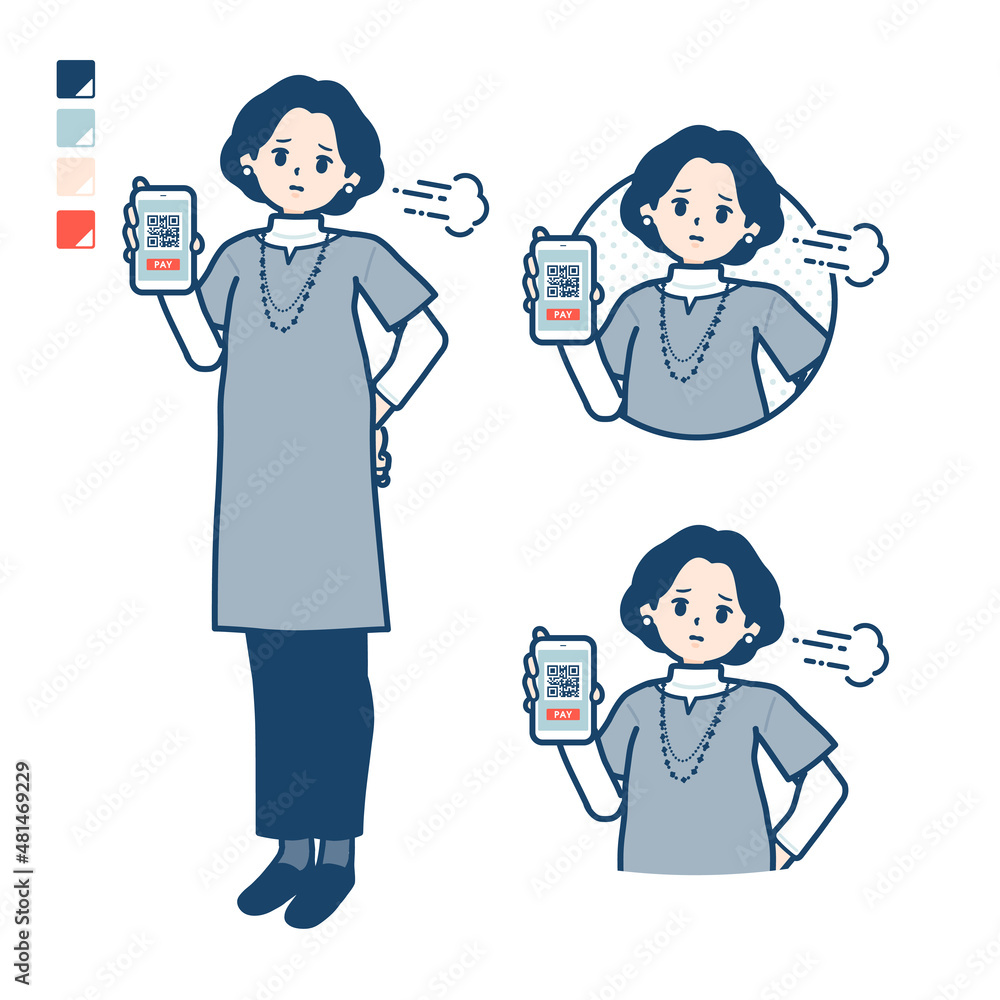チュニック中年女性が困った顔でスマートフォンでキャッシュレス決済しているイラスト