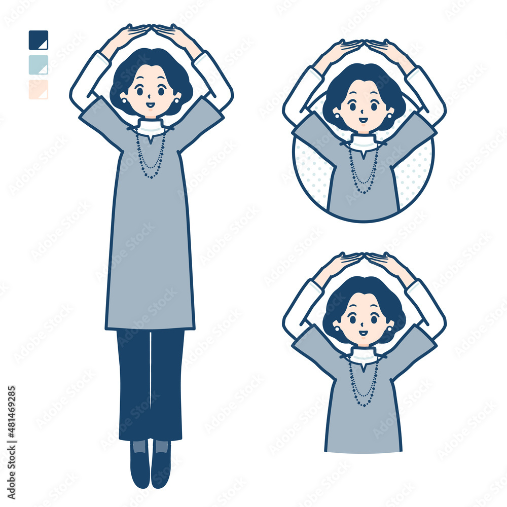 チュニック中年女性が腕でまるを作っているイラスト チュニック中年女性が腕でまるを作っているイラスト