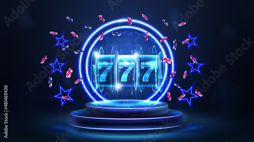 Blue podium of winners with blue neon rings, neon stars, slot machine with jackpot and poker chips in dark blue scene