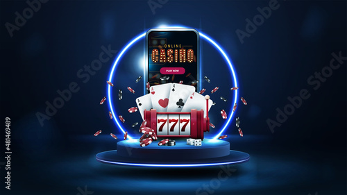 Blue podium floating in the air with blue neon ring, smartphone, red slot machine, poker chips and playing cards in dark scene