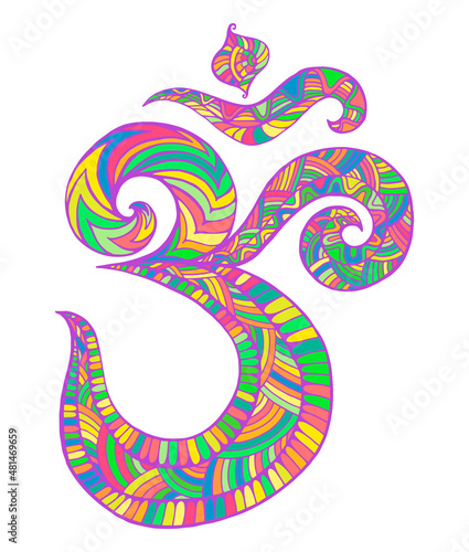Om symbol sacred sound colorful pattern with maze of ornaments. Psychedelic stylish element Aum. Vector hand drawn illustration. Decorative tribal sign ohm