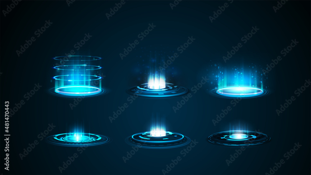 Set of blue digital hologram portals in cylindrical shape with shiny swirl rings on dark background for your arts - obrazy, fototapety, plakaty 