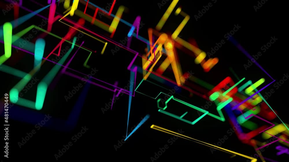 abstract looped background as technological concept with many lines and nodes of different colors. Sci-fi bg of glow particles form lines like electrical circuit or microcircuit abstract looped background as technological concept with many lines and nodes of different colors. Sci-fi bg of glow particles form lines like electrical circuit or microcircuit