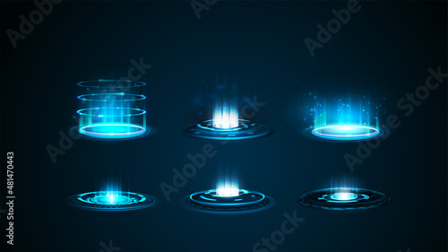 Set of blue digital hologram portals in cylindrical shape with shiny swirl rings on dark background for your arts