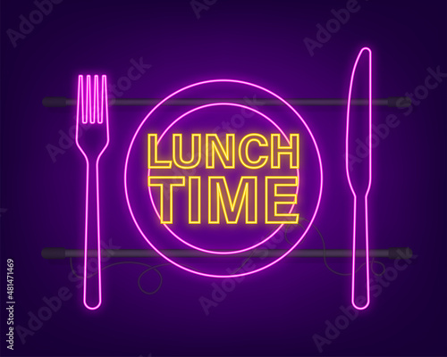 Neon icon with lunch time on white background for cover design. Cooking background. Vector icon. Vector logo.