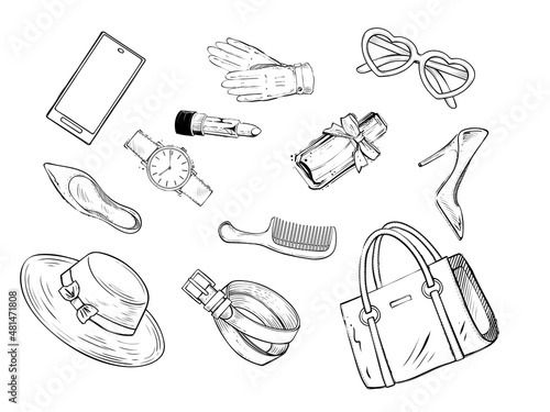 Set of woman accessories, monochrome vector illustration