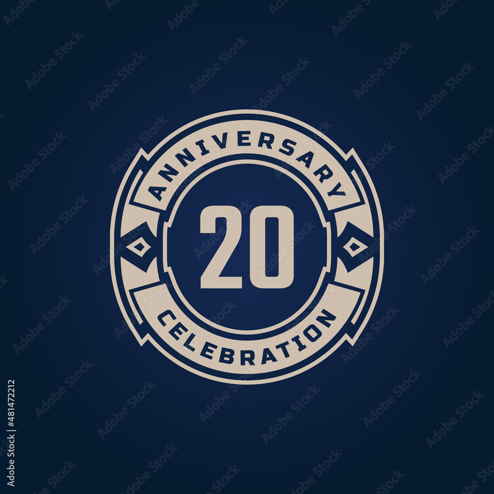 20 Year Anniversary Celebration with Golden Color for Celebration Event, Wedding, Greeting card, and Invitation Isolated on Blue Background