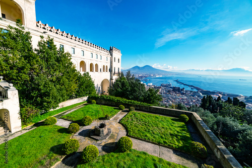 Scenic picture-postcard view of the city of Naples (Napoli) with famous Mount Vesuvius in the background from Certosa di San Martino monastery, Campania, Italy photo