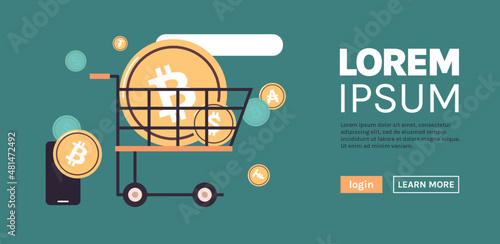 Trolley cart and cryptocurrency mining virtual money digital currency flat vector illustration.
