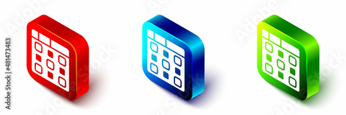 Isometric Drum machine music producer equipment icon isolated on white background. Red, blue and green square button. Vector