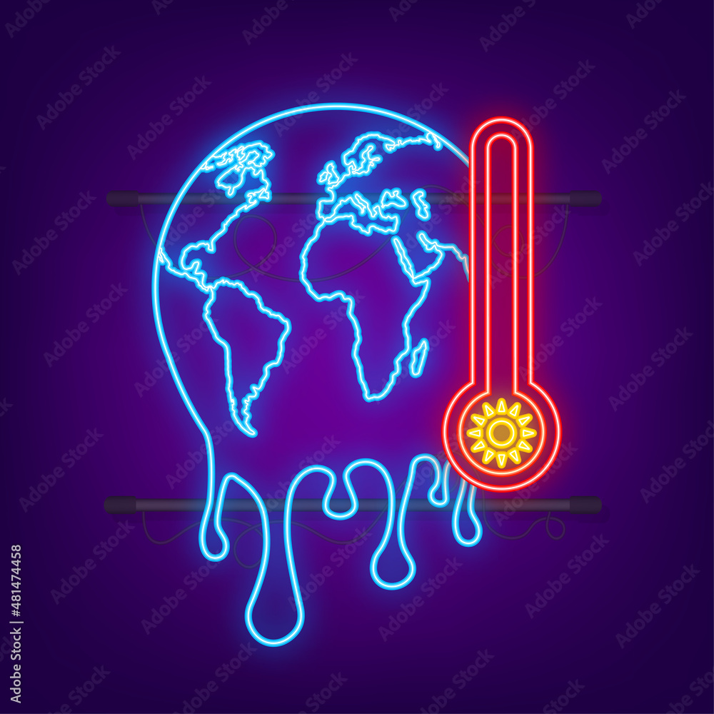 Global warming neon icon, Graphic illustration of a melting earth. Global warming neon icon, Graphic illustration of a melting earth.