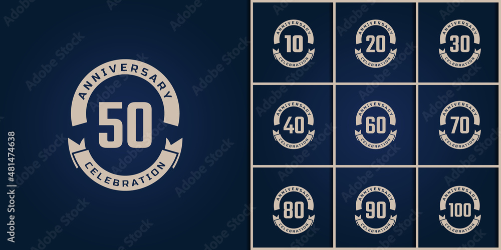 Naklejka premium Set of Year Anniversary Celebration with Golden Color for Celebration Event, Wedding, Greeting card, and Invitation Isolated on Blue Background