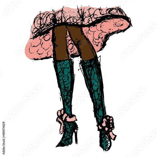 Rough hand-drawn color drawing of the slender legs of a dark-skinned woman in a pink dress and turquoise knee-high boots. Simple vector doodle isolated on transparent background