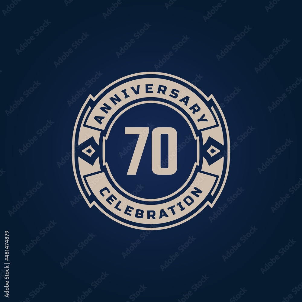 Naklejka premium 70 Year Anniversary Celebration with Golden Color for Celebration Event, Wedding, Greeting card, and Invitation Isolated on Blue Background