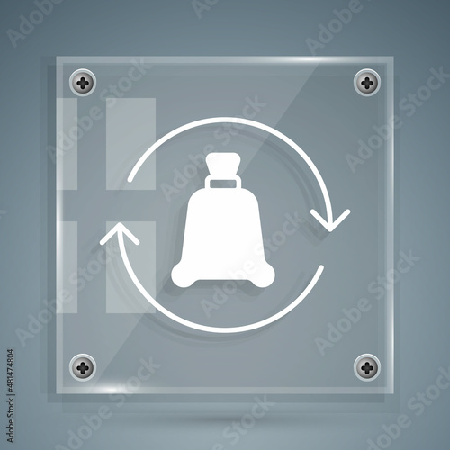 White Garbage bag with recycle symbol icon isolated on grey background. Trash can icon. Recycle basket sign. Square glass panels. Vector