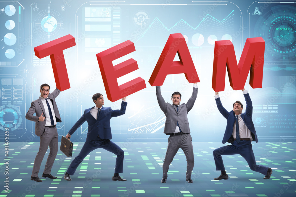 Teamwork concept with people carrying team letters Teamwork concept with people carrying team letters