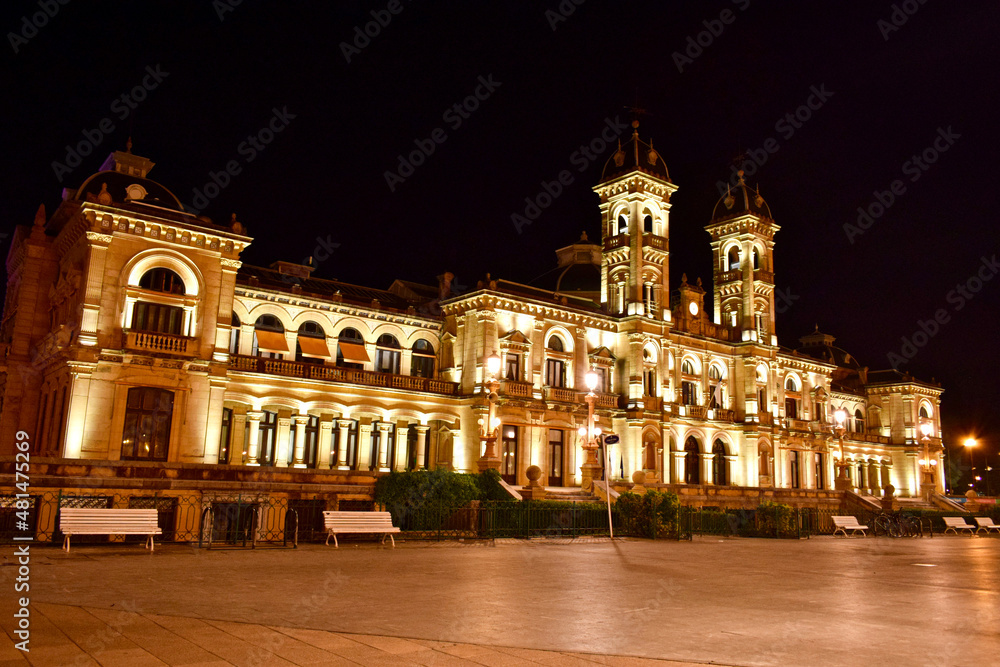 City Hall of San Sebastian dressed in light. Illumination of the town hall.