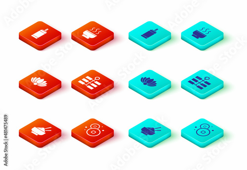 Set Rice in a bowl with chopstick, Chinese Yuan currency, Lotus flower, Firework, tea ceremony and icon. Vector