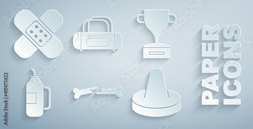 Set Human broken bone, Award cup, Fitness shaker, Mallet for playing air hockey, Sport bag and Crossed bandage plaster icon. Vector