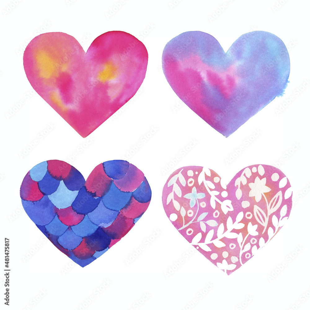 Watercolor blu and pink hearts set isolated on white background. Valentines hand drawn love symbols collection