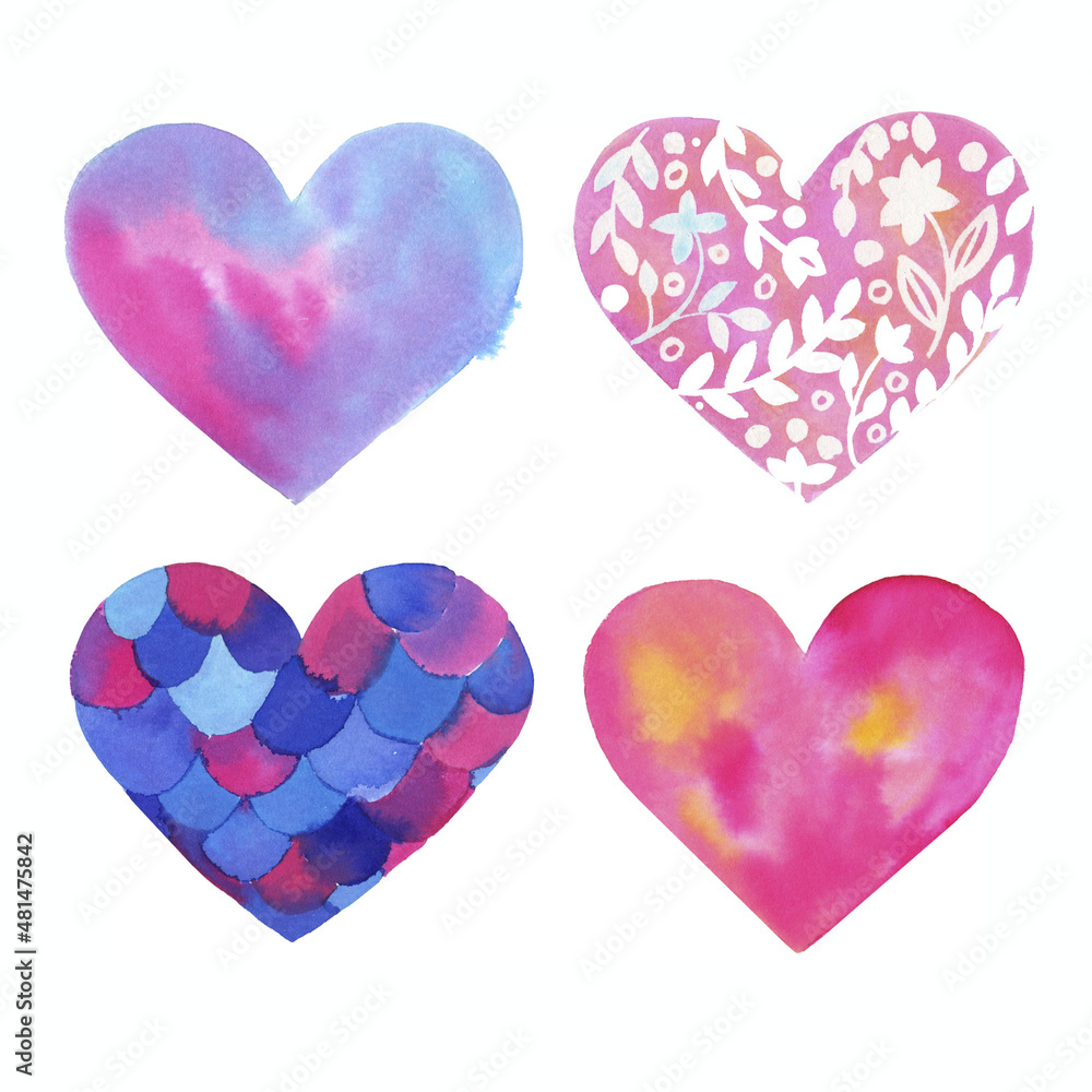 Watercolor set of hearts isolated on a white background. Hand-drawn collection of pink and blu hearts with flowers for your design. Calligraphic design for Valentine's Day or weddings. Spring or summe