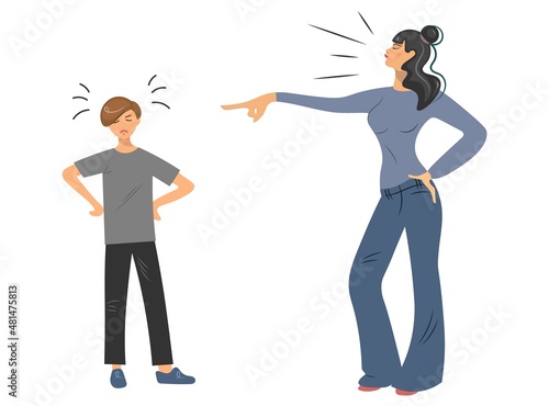 The mother scolds her son, blaming her. Conflict between children and parents. Wrong upbringing. The concept of family conflicts, problems transitional age. Vector illustration. Flat style.