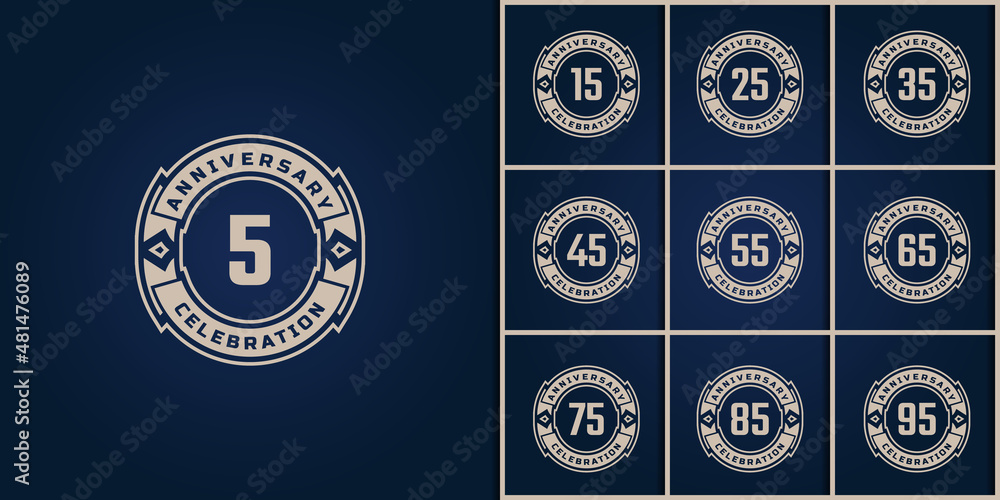 Naklejka premium Set of Year Anniversary Celebration with Golden Color for Celebration Event, Wedding, Greeting card, and Invitation Isolated on Blue Background