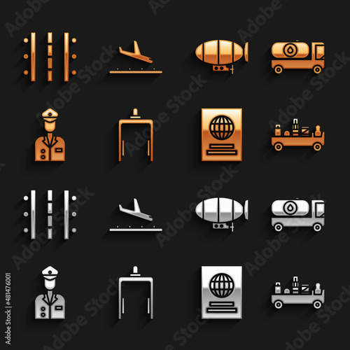 Set Metal detector in airport, Fuel tanker truck, Airport luggage towing, Passport, Pilot, Airship, runway and Plane landing icon. Vector