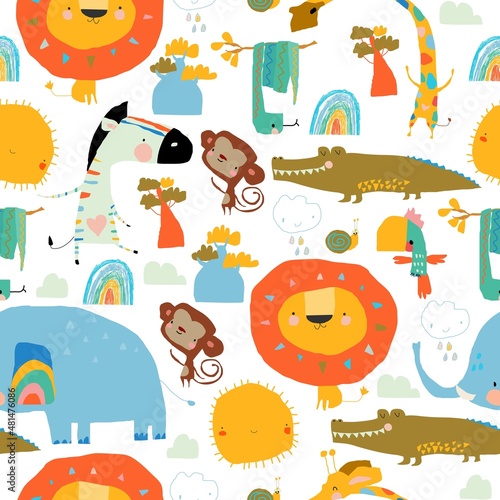 Photography Seamless Pattern with Cartoon Wild Animals on White Background