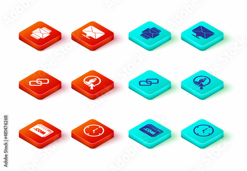 Set Website template, Clock, Chain link, Create account screen, Envelope and Mobile and envelope icon. Vector