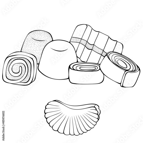 Jelly candies assorted. Hand drawn vector illustration in sketch line art style isolated on white. For design stickers, menu, candy shop. Coloring book page
