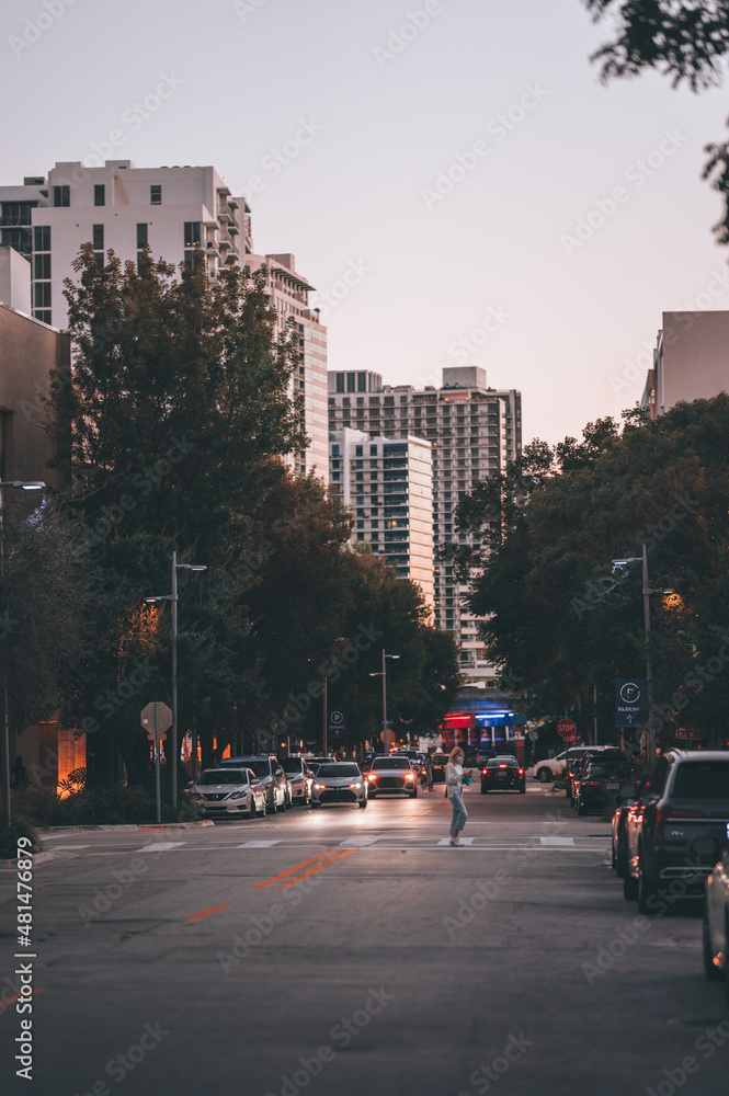 Naklejka premium downtown city miami people street cars trees miami