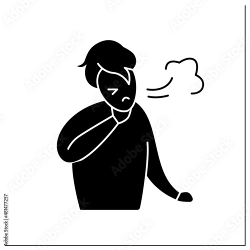 Trouble breathing glyph icon. Coughing man. Industrial smog, biohazard emissions. Environment pollution and ecology damage. Covid19 symptoms.Filled flat sign. Isolated silhouette vector illustration