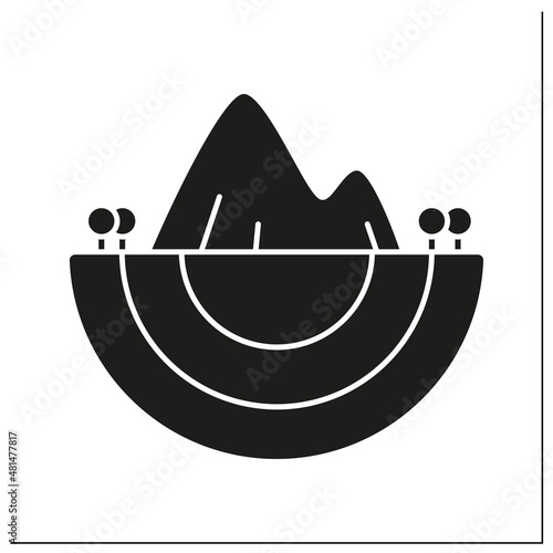 Geophysics glyph icon. Natural science. Processes under influence of internal forces of Earth and cosmic bodies.Physical branches concept.Filled flat sign. Isolated silhouette vector illustration