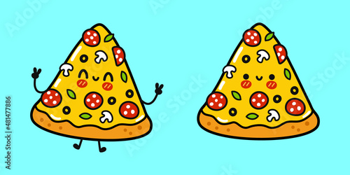 Funny cute happy pizza characters bundle set. Vector kawaii line cartoon style illustration. Happy pizza mascot character collection