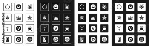 Set Spider, King crown, Sun, Ouroboros, Pentagram, Earth element, Witch cauldron and Necklace with crystal icon. Vector